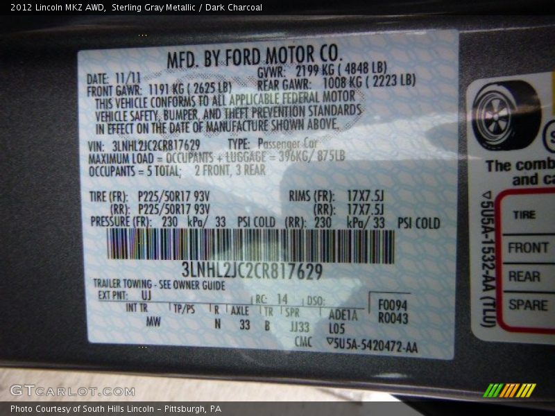 Sterling Gray Metallic / Dark Charcoal 2012 Lincoln MKZ AWD