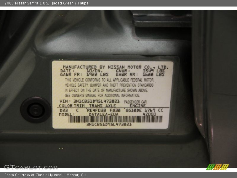 2005 Sentra 1.8 S Jaded Green Color Code D23