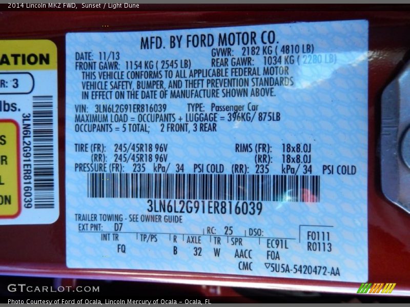 2014 MKZ FWD Sunset Color Code D7