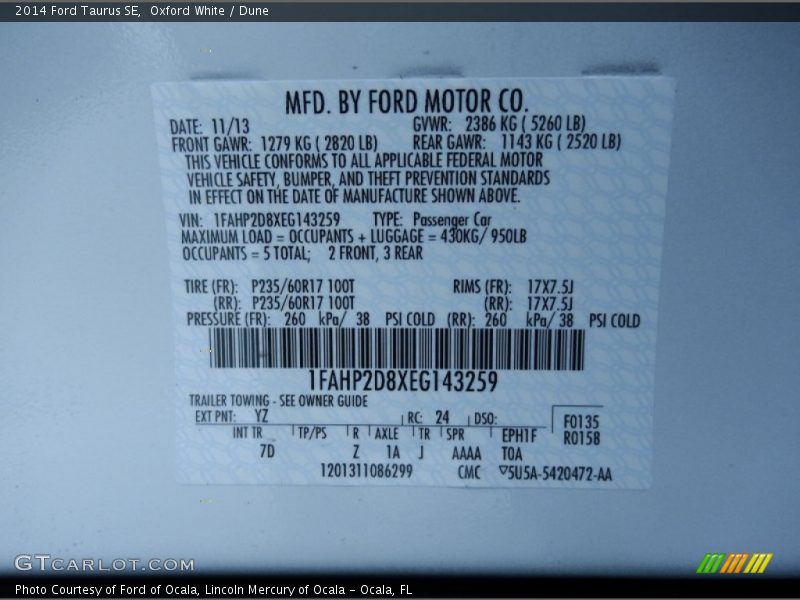 Oxford White / Dune 2014 Ford Taurus SE