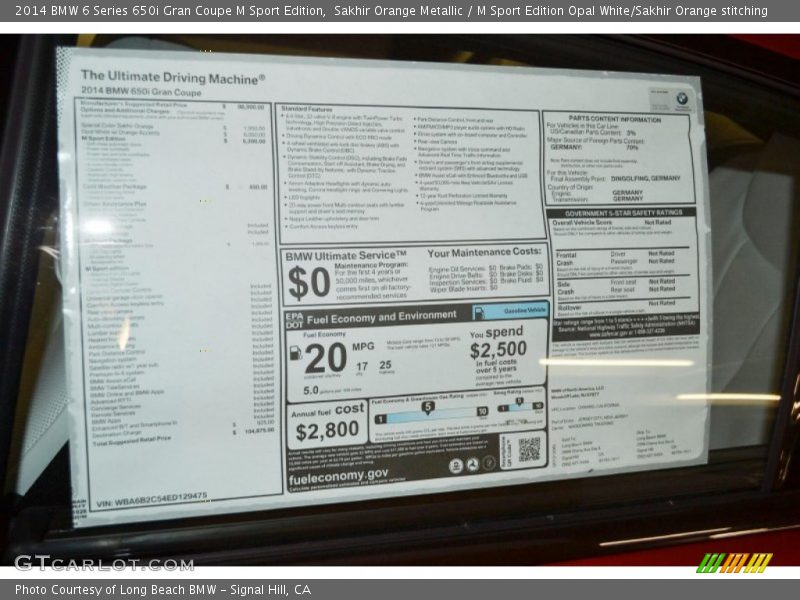  2014 6 Series 650i Gran Coupe M Sport Edition Window Sticker
