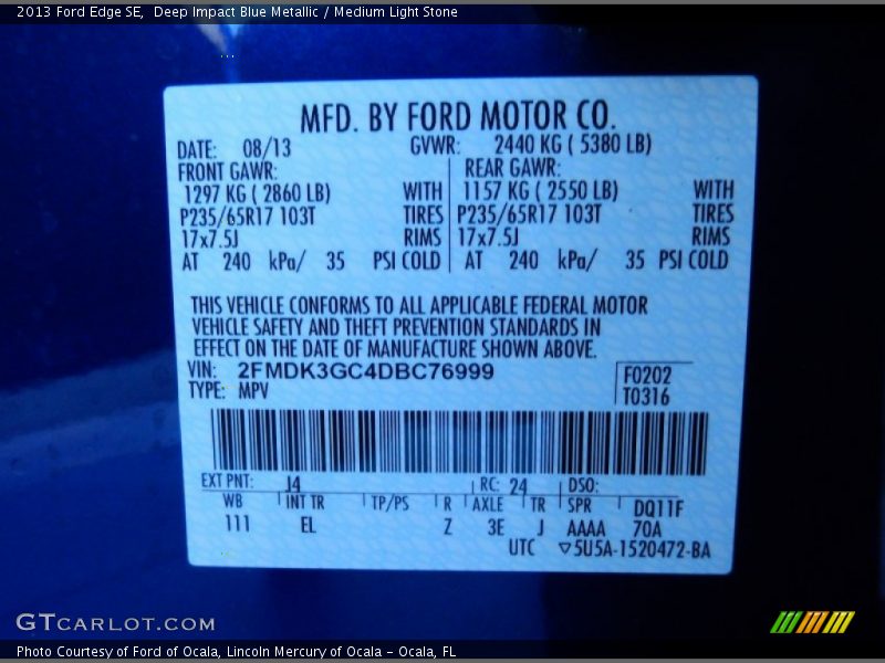Deep Impact Blue Metallic / Medium Light Stone 2013 Ford Edge SE