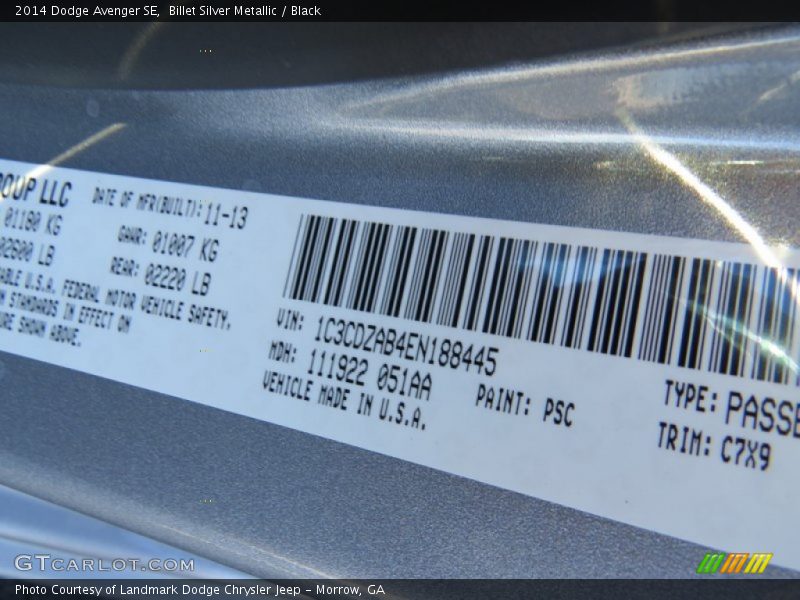 Billet Silver Metallic / Black 2014 Dodge Avenger SE