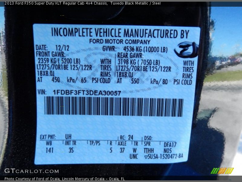 2013 F350 Super Duty XLT Regular Cab 4x4 Chassis Tuxedo Black Metallic Color Code UH