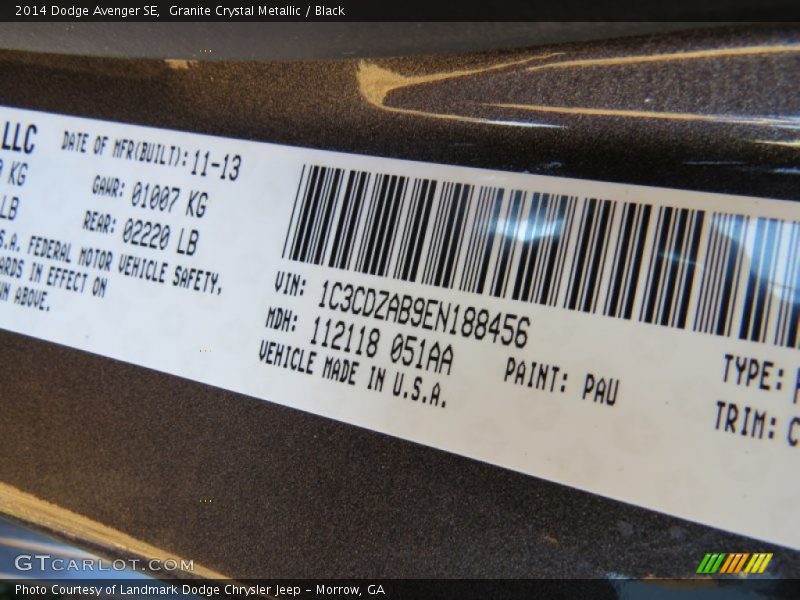 2014 Avenger SE Granite Crystal Metallic Color Code PAU
