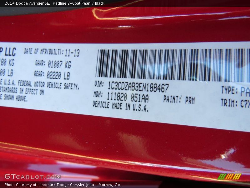 Redline 2-Coat Pearl / Black 2014 Dodge Avenger SE