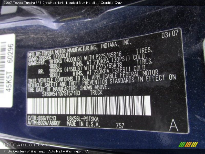 Nautical Blue Metallic / Graphite Gray 2007 Toyota Tundra SR5 CrewMax 4x4