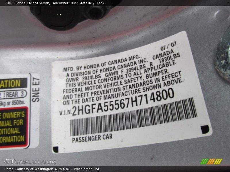 Alabaster Silver Metallic / Black 2007 Honda Civic Si Sedan
