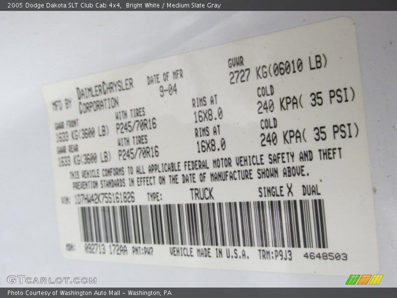 Bright White / Medium Slate Gray 2005 Dodge Dakota SLT Club Cab 4x4