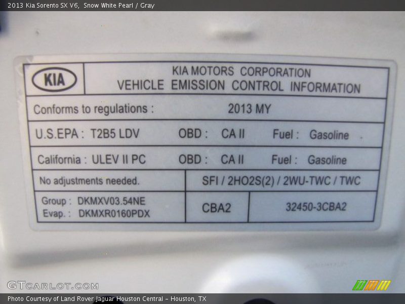 Info Tag of 2013 Sorento SX V6