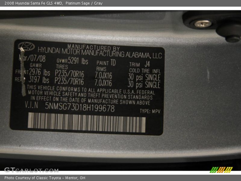 Platinum Sage / Gray 2008 Hyundai Santa Fe GLS 4WD