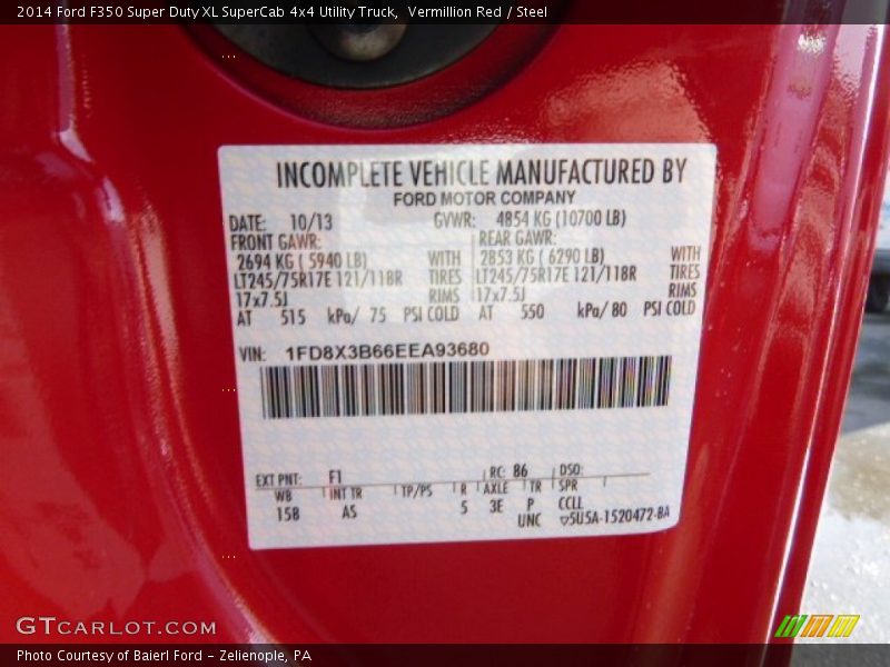 Vermillion Red / Steel 2014 Ford F350 Super Duty XL SuperCab 4x4 Utility Truck