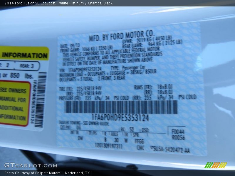 White Platinum / Charcoal Black 2014 Ford Fusion SE EcoBoost