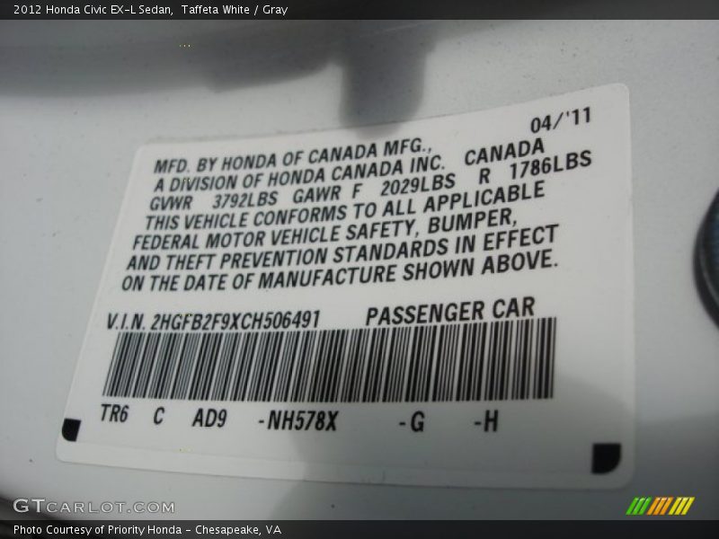 Taffeta White / Gray 2012 Honda Civic EX-L Sedan