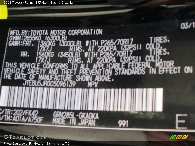Black / Graphite 2012 Toyota 4Runner SR5 4x4