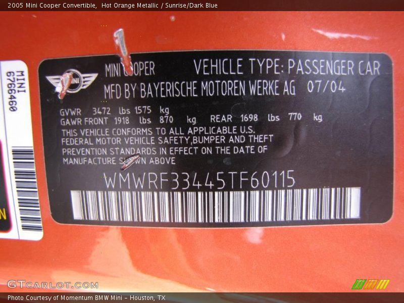 Hot Orange Metallic / Sunrise/Dark Blue 2005 Mini Cooper Convertible