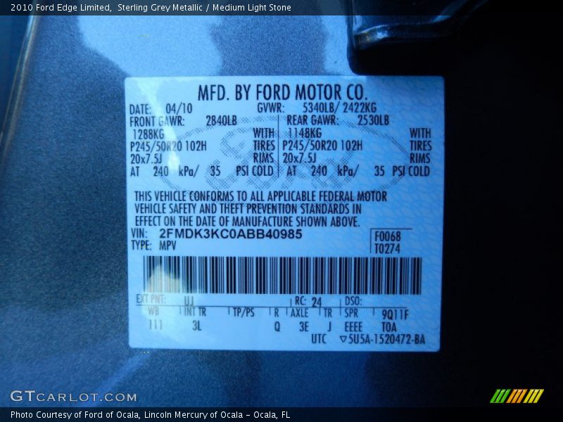 Sterling Grey Metallic / Medium Light Stone 2010 Ford Edge Limited