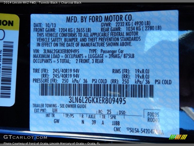 2014 MKZ FWD Tuxedo Black Color Code UH