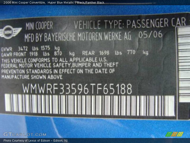 Hyper Blue Metallic / Black/Panther Black 2006 Mini Cooper Convertible