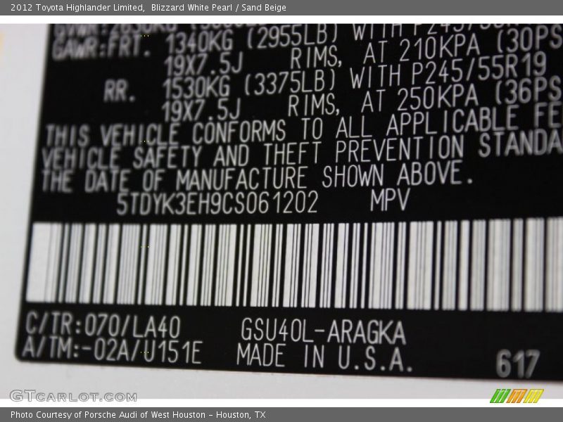 Blizzard White Pearl / Sand Beige 2012 Toyota Highlander Limited