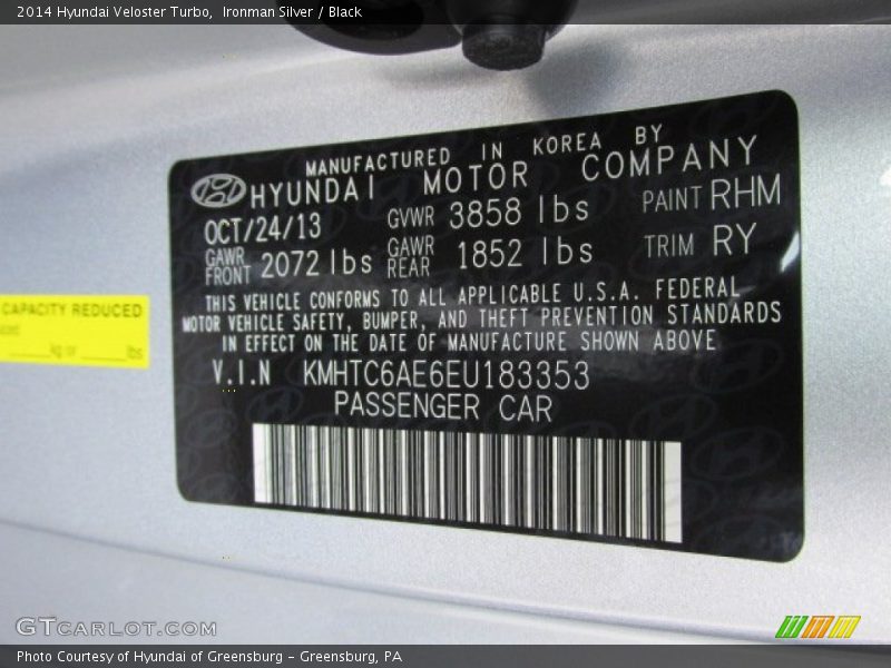2014 Veloster Turbo Ironman Silver Color Code RHM