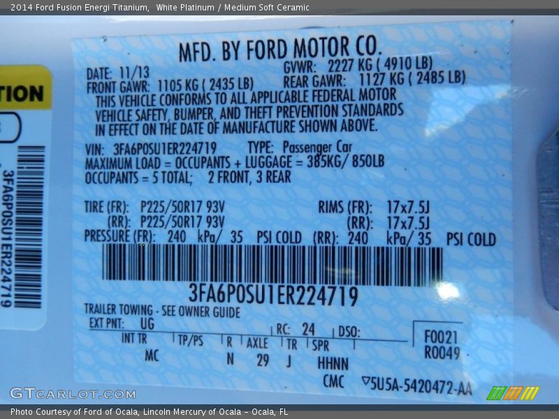 2014 Fusion Energi Titanium White Platinum Color Code UG