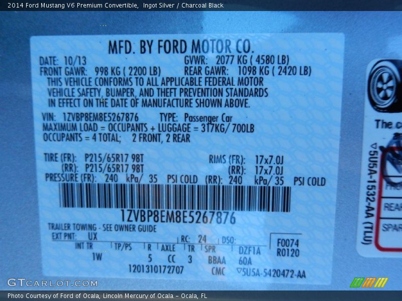Ingot Silver / Charcoal Black 2014 Ford Mustang V6 Premium Convertible
