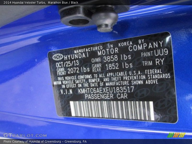 2014 Veloster Turbo Marathon Blue Color Code UU9