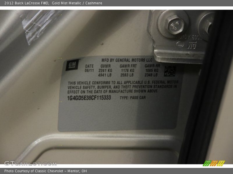 Gold Mist Metallic / Cashmere 2012 Buick LaCrosse FWD