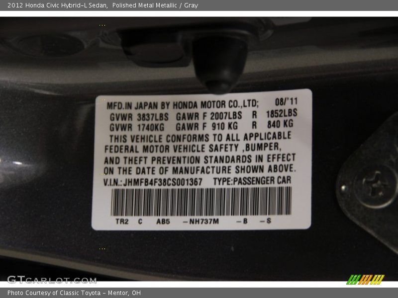 Polished Metal Metallic / Gray 2012 Honda Civic Hybrid-L Sedan