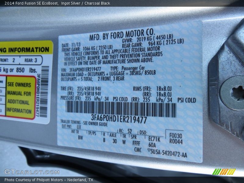 Ingot Silver / Charcoal Black 2014 Ford Fusion SE EcoBoost