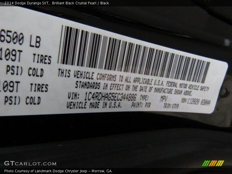 2014 Durango SXT Brilliant Black Crystal Pearl Color Code PXR