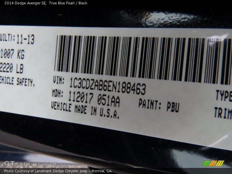 True Blue Pearl / Black 2014 Dodge Avenger SE