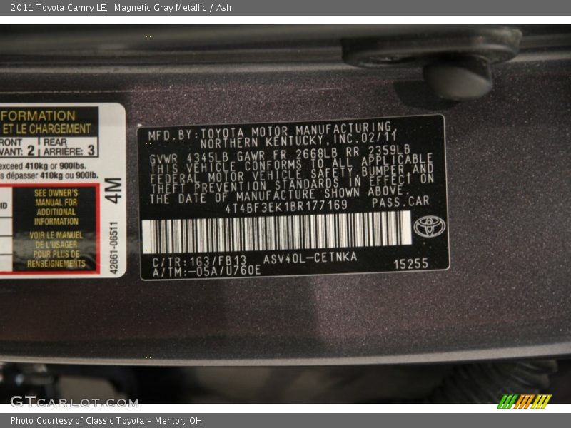 Magnetic Gray Metallic / Ash 2011 Toyota Camry LE