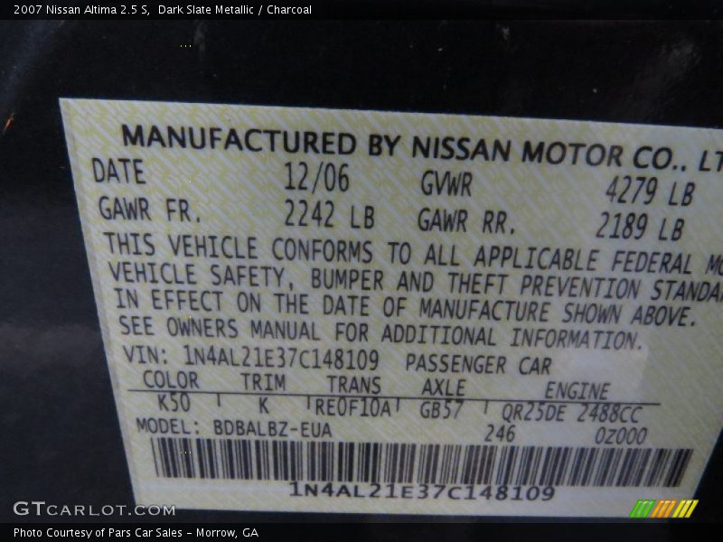 Dark Slate Metallic / Charcoal 2007 Nissan Altima 2.5 S