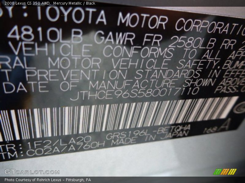 Mercury Metallic / Black 2008 Lexus GS 350 AWD