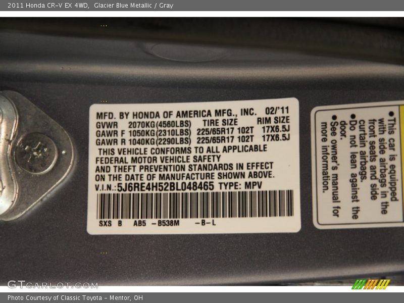 Glacier Blue Metallic / Gray 2011 Honda CR-V EX 4WD