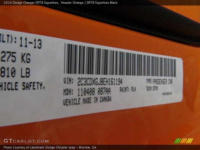 2014 Charger SRT8 Superbee Header Orange Color Code PL4