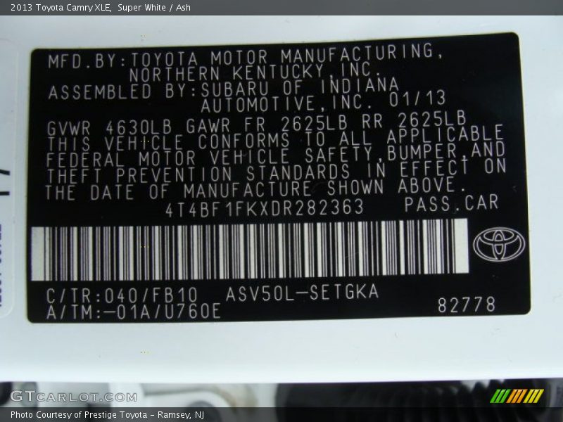 2013 Camry XLE Super White Color Code 040