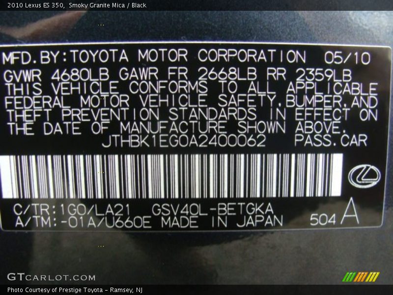 Smoky Granite Mica / Black 2010 Lexus ES 350