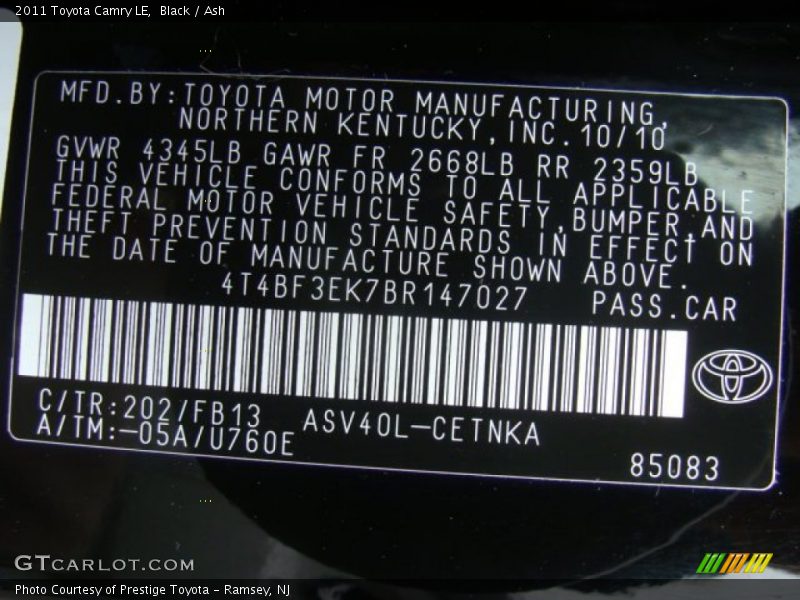 Black / Ash 2011 Toyota Camry LE