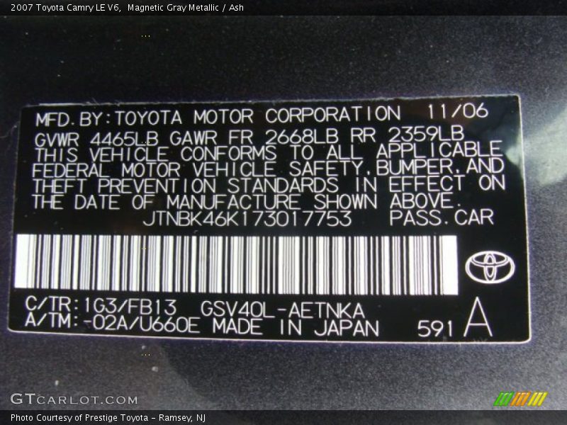 Magnetic Gray Metallic / Ash 2007 Toyota Camry LE V6