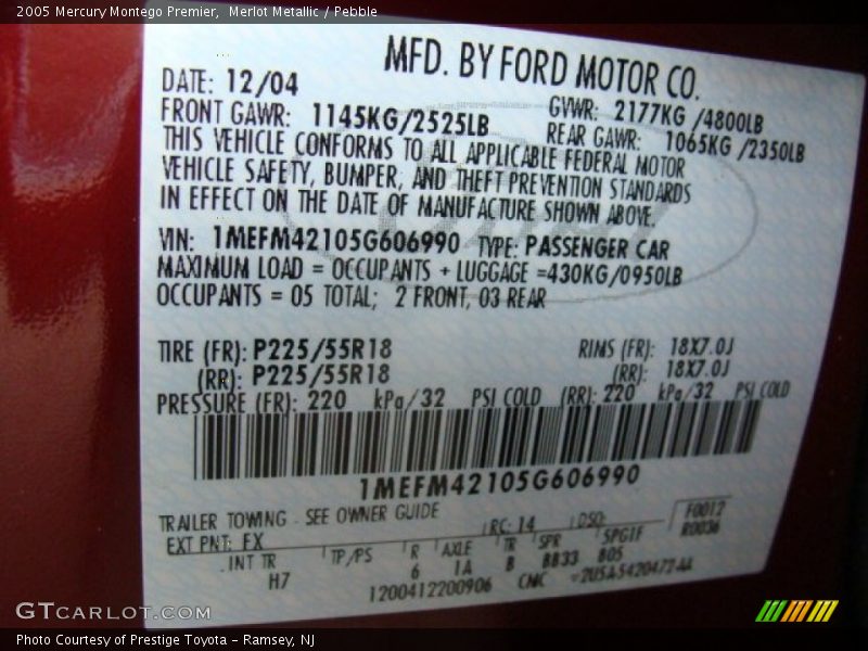 Merlot Metallic / Pebble 2005 Mercury Montego Premier