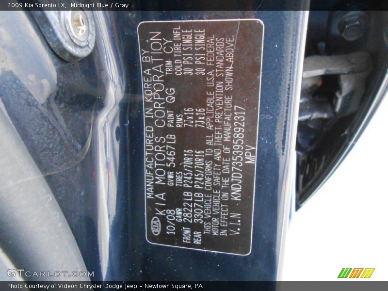 Midnight Blue / Gray 2009 Kia Sorento LX