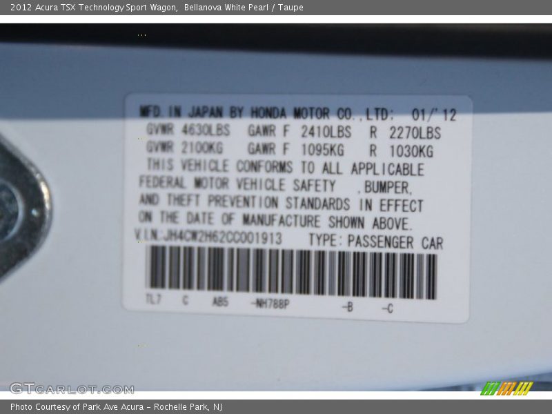 Bellanova White Pearl / Taupe 2012 Acura TSX Technology Sport Wagon