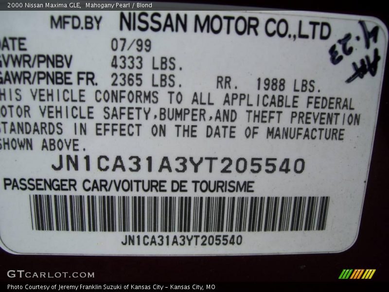 Mahogany Pearl / Blond 2000 Nissan Maxima GLE