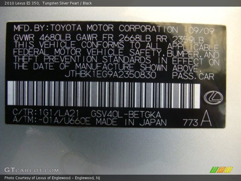 Tungsten Silver Pearl / Black 2010 Lexus ES 350
