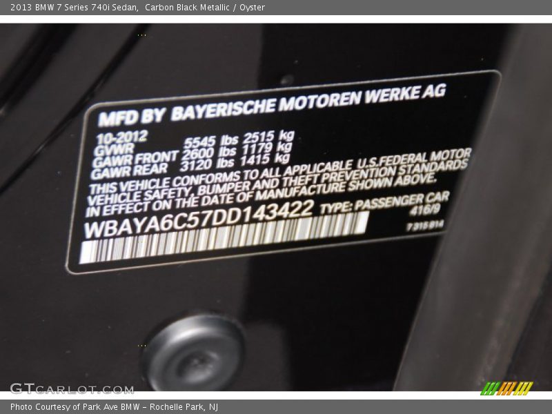 2013 7 Series 740i Sedan Carbon Black Metallic Color Code 416