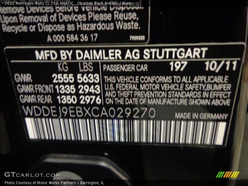 Obsidian Black Metallic / Black 2012 Mercedes-Benz CL 550 4MATIC