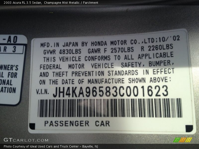 Info Tag of 2003 RL 3.5 Sedan